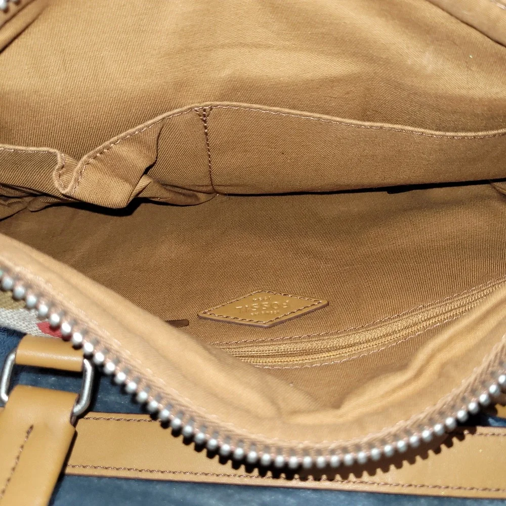 Fossil Issue No. 1954 Floral Canvas‎ Leather Satchel Crossbody Bag Tan Red